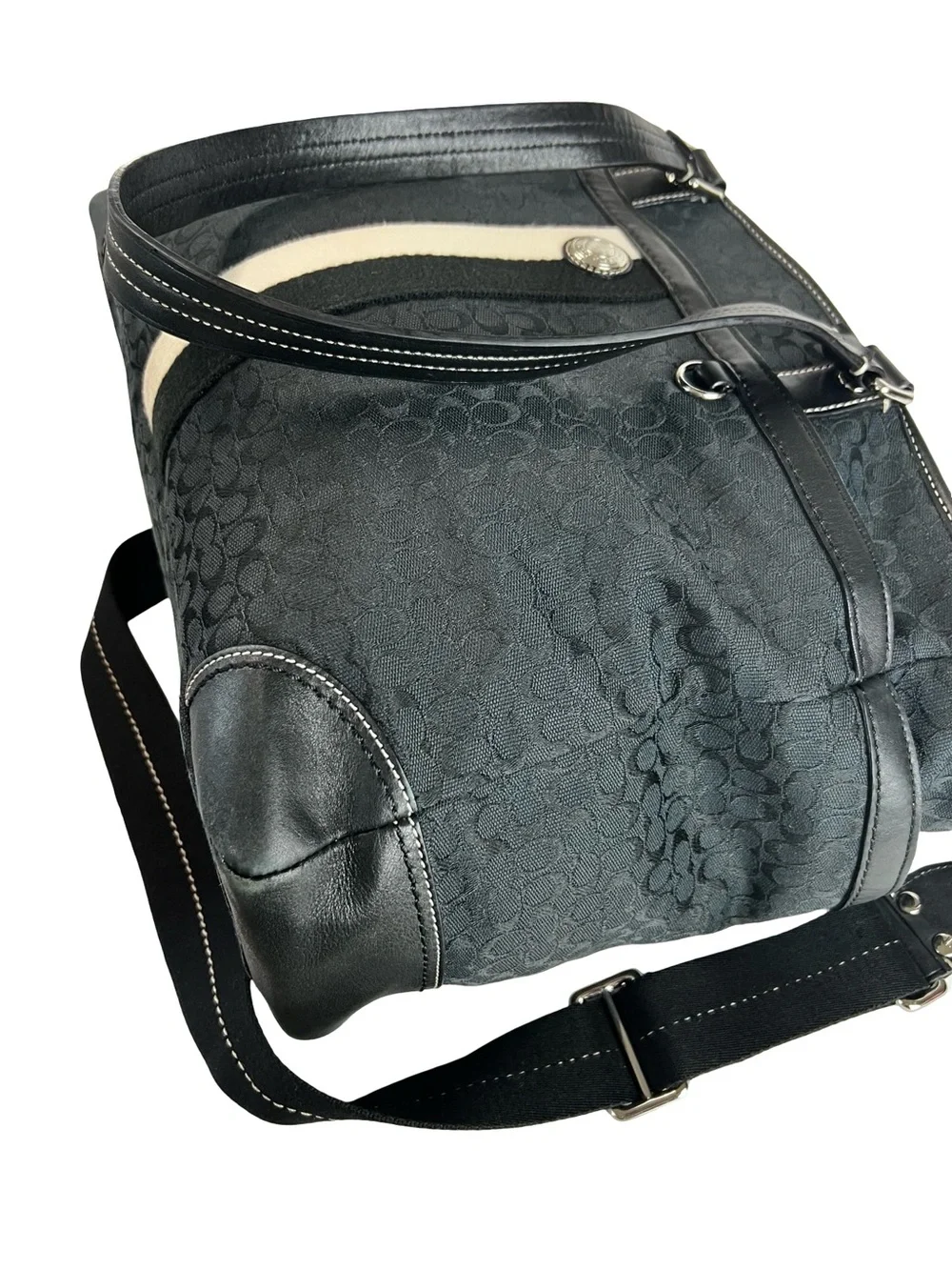 Coach Signature Stripe Multifunction Diaper Tote Bag Black Canvas Blue Interior